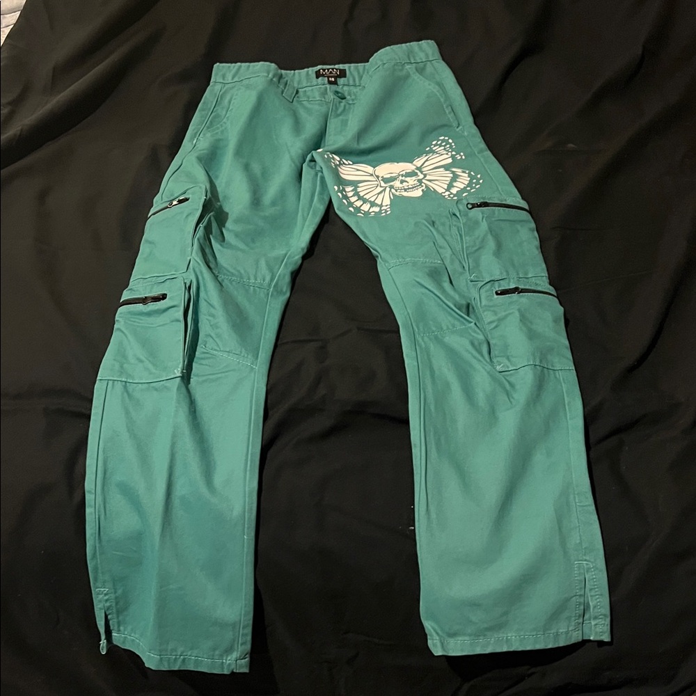 Boohoo Mens Teal Cargo Pants with Butterfly Design